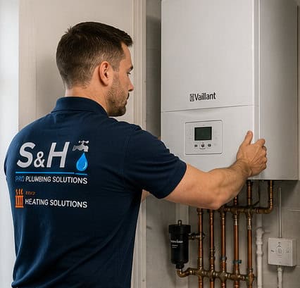 Plumber adjusting a Vaillant boiler in a residential setting.