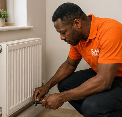 Technician repairing radiator heating system in home.
