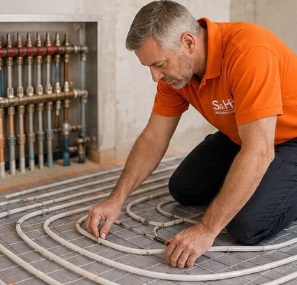 Heating system installer working on underfloor heating pipes.