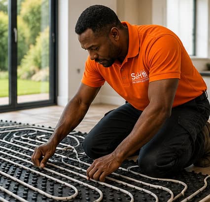 Technician installing underfloor heating system with pipes and cables.