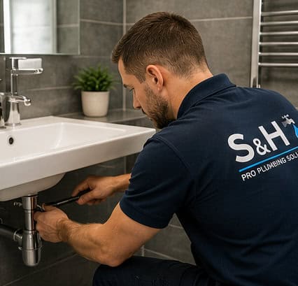 Plumber fixing sink in modern bathroom for web design showcase.