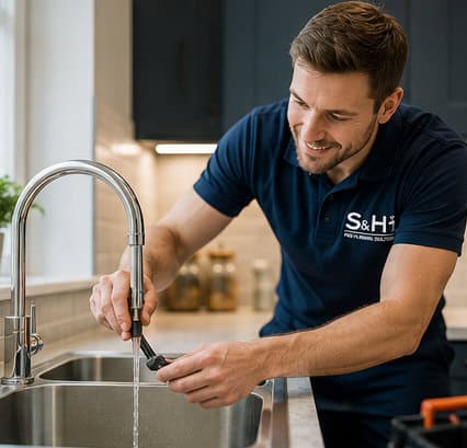 Plumber fixing kitchen sink with tools in a modern kitchen.