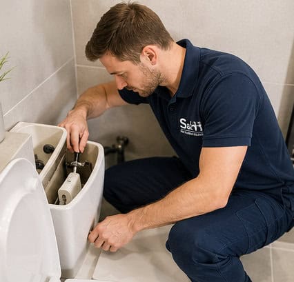 Plumber repairing toilet in bathroom, professional plumbing service.