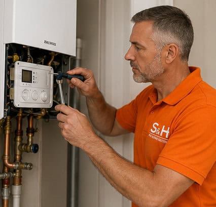 Technician repairing a boiler, showcasing technical expertise in plumbing and heating services.