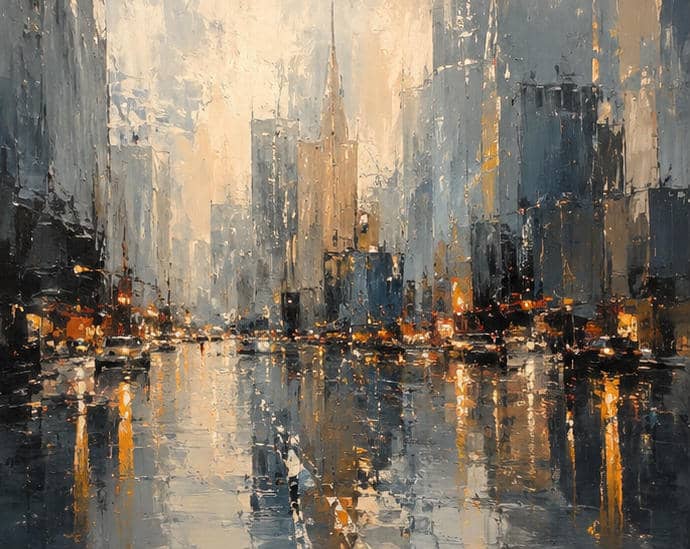Abstract cityscape painting with reflections and vibrant colors.
