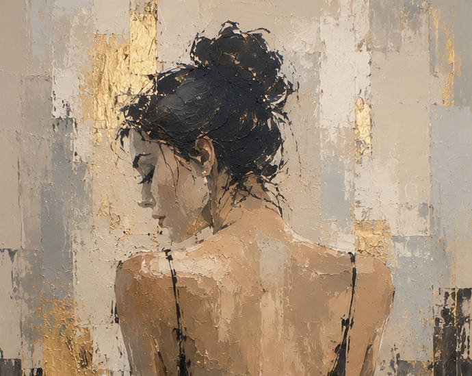 Artistic painting of a woman with a bun hairstyle, back view, textured background.
