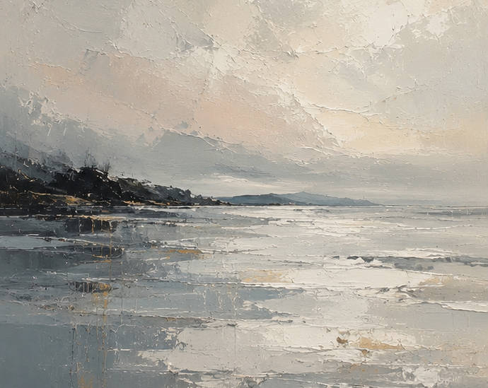 Serene landscape painting of a coastal scene with mountains and water.