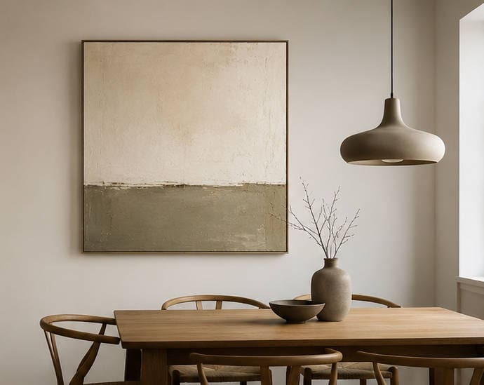Minimalist dining room with artwork and pendant light.