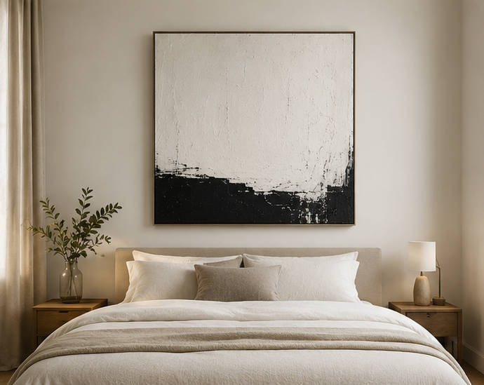 Minimalist bedroom with abstract black and white wall art and neutral tones.
