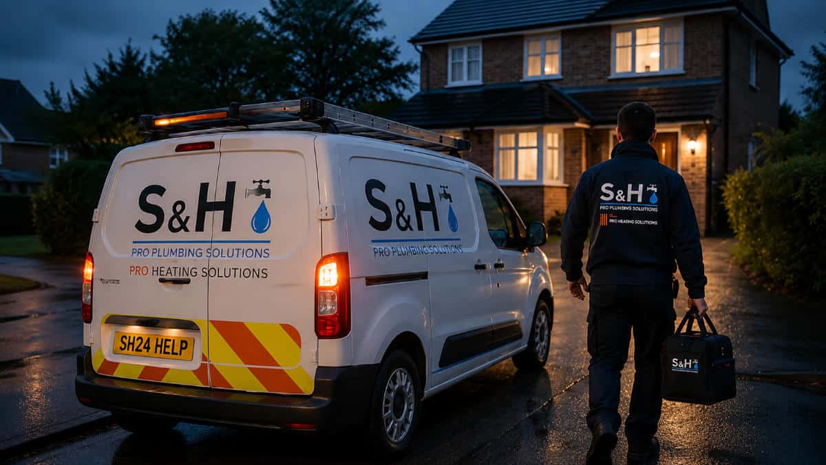 S&H Plumbing Solutions technician walking to service van at night.