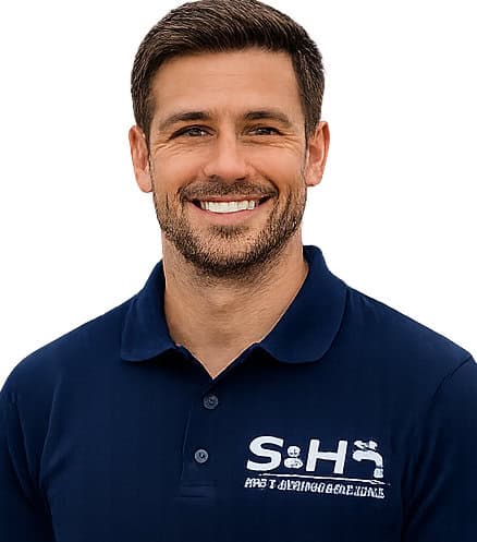 Smiling man in navy polo shirt with S&H logo for web design.