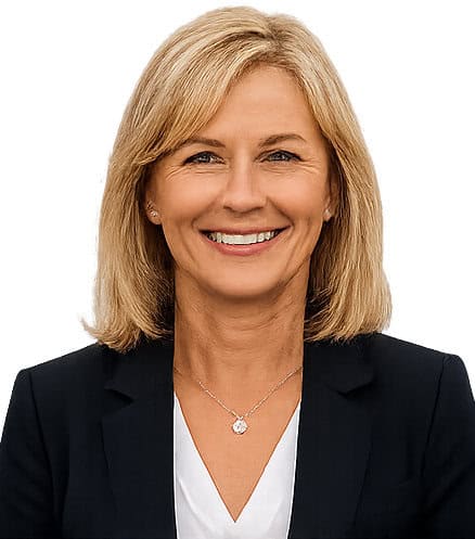 Confident businesswoman smiling in formal black blazer and white top.